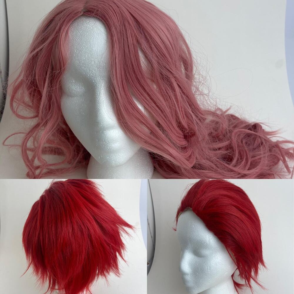 2pcs Wig Red Short Hair and Women's Pink Loose‎ Wavy Hair Wig